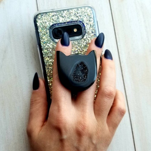 Natural Agate Phone Grip, Agate Slice Druzy, Cat Phone Stand, Cat Agate Phone Grip, Cell Phone Accessories