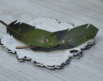 Feather hair barrette / ombre black and army green leather hair barrette / beautiful hair clips for women / leather hair accessory