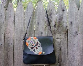 Black Leather Tooled Leather Sugar Skull purse