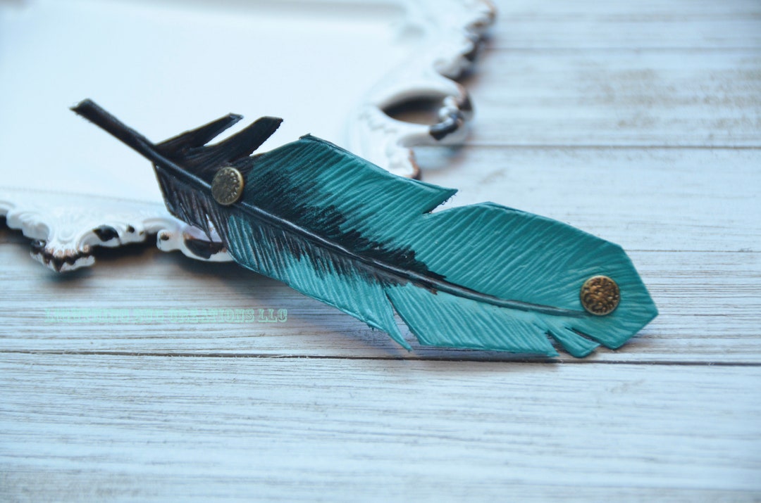 Feather Hair Barrette / Light Blue and Black Leather Hair Barrette