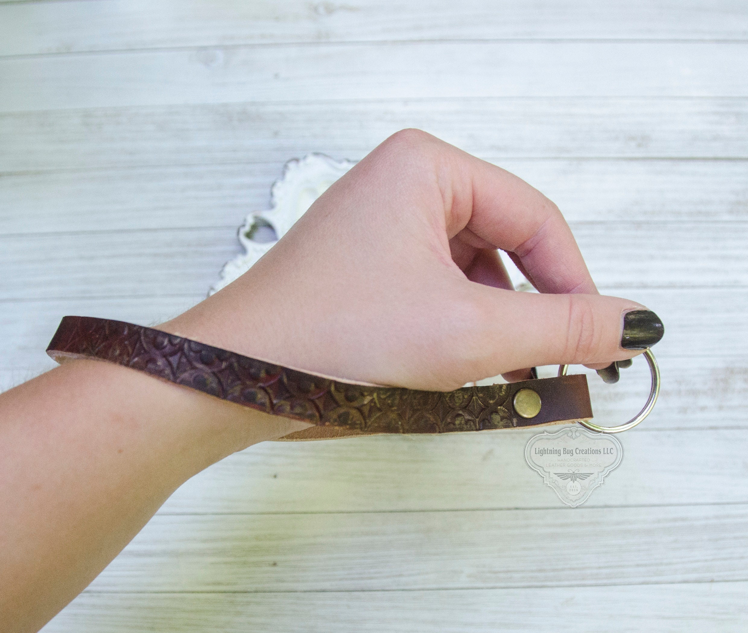 Gothic mini tooled leather lanyard keychain / short leather key fob