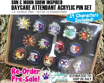 Re-Order PreSale Pin Set of 14 Daycare Attendant Characters | 1.5" Acrylic Pins | Sun Moon Show Inspired | FNAFSB