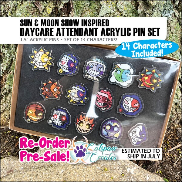 Re-Order PreSale Pin Set of 14 Daycare Attendant Characters | 1.5" Acrylic Pins | Sun Moon Show Inspired | FNAFSB