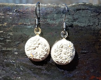 White Floral Polymer Earrings