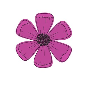 May include: A single pink flower with five petals and a black center. The flower is drawn in a simple, cartoon style.