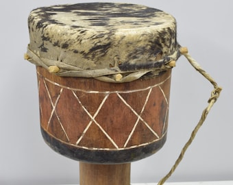 African Drum Zambia Wood Leather Handmade Carved Wood Musical Drum Dancing Ceremonial Storytelling Ritual Drum