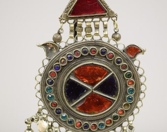 Middle Eastern Silver Kuchi Blue Red Green Glass Dangle Pendant