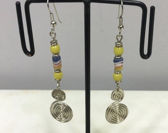 Earrings African Aluminum Coiled Small Yellow White Sandcast Beads Masai Beaded Earrings Handmade Aluminum Women Earrings Tribal E28