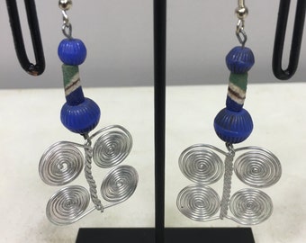 African Earrings Aluminum Coiled Masai Blue Chevron Beaded Earrings