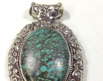 Tibetan Silver Oval Turquoise Pendant