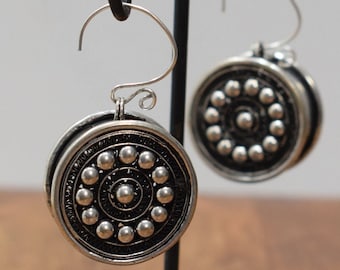 Earrings Silver Miao /Hmong Etched Round Box Earrings