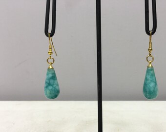 Earrings Tibetan Teardrop Blue/Green Amazonite Dangle Handmade Gold Wire Blue/Green Amazonite Stone Unique E139