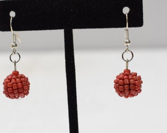 Earrings Red Beaded Ball Earrings