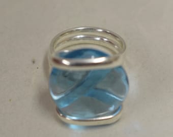 Ring Silver Clear Light Blue Colored Glass Ring