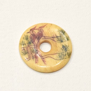 Chinese Bead Pi Bone Etched 2 Red Pheasants