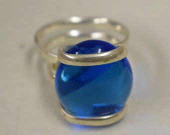 Ring Silver Clear Blue  Colored Glass Ring