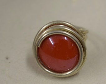 Ring Silver Red Orange Colored Glass Ring