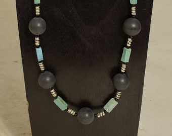 Chinese Turquoise Bone Black Bead Necklace