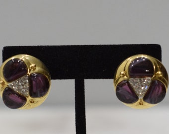 Earrings Gold Purple Glass Clip Earrings