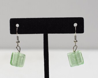 Beads Green Silver Art Glass Earrings