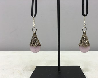 Earrings Tibetan Silver Handmade Rose Quartz Dangle Etched Silver Teardrop Pink Rose Quartz Stone  Unique E136