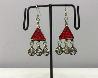 Middle Eastern Triangle Red Plastic Reflector Earrings
