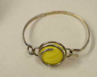 Bracelet Silver Round Yellow Colored Glass Handmade Glass Silver Bracelet Fun Yellow Color Glass Unique