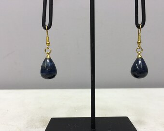 Earrings Tibetan Teardrop Blue Sodalite Dangle Handmade Gold Wire Blue Sodalite Stone Unique E141