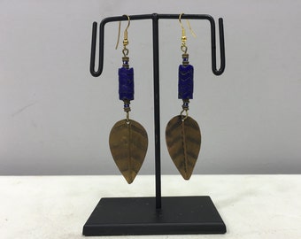 Earrings African Brass Leaf Blue Glass Earrings Masai Beaded Earrings Handmade Brass  Blue Glass Women Earrings Tribal E47