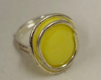 Ring Silver Lemon Yellow Colored Glass Handmade Glass Silver Jewelry Ring Fun Yellow Color Glass Unique