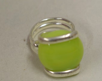 Ring Silver Square Lime Green Colored Glass Ring