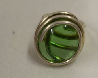 Ring Silver Clear Green Colored Glass Ring