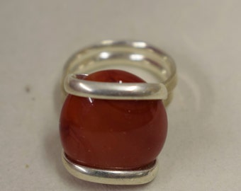 Ring Silver Opaque Red  Colored Glass Ring