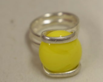 Ring Silver Yellow Glass Handmade Glass Ring