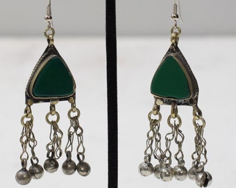 Middle Eastern Green Silver Bell Earrings