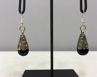 Earrings Tibetan Silver Handmade Black Onyx Crystal Dangle Etched Silver Teardrop Black Onyx Stone  Unique E155