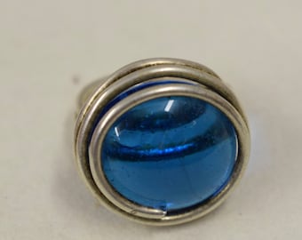 Ring Silver Ocean Blue Colored Glass Ring