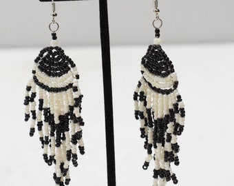 Earrings Black and White Fan Beaded Earrings