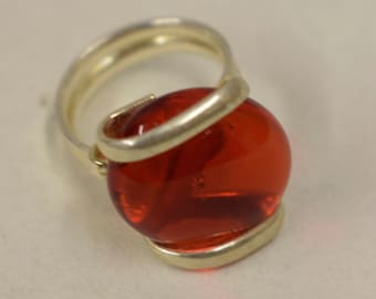 Ring Silver Cherry Red Colored Glass Handmade Glass Silver Jewelry Ring Fun Cherry Red Color Glass Unique