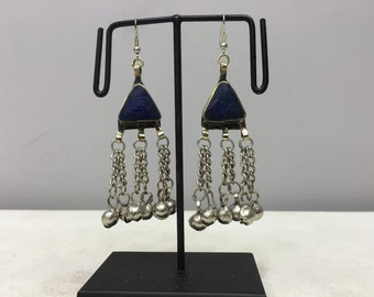 Middle Eastern Silver Lapis Triangle Dangle Silver Bells Earrings