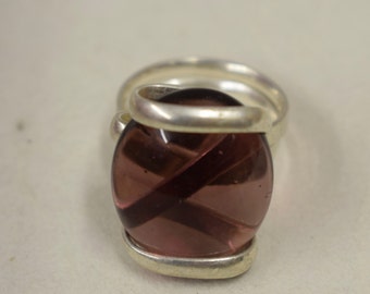 Ring Silver Square Purple  Colored Glass Ring