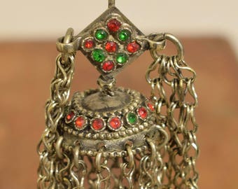 Middle Eastern Dangle Kuchi Silver Single Red Glass Tribal Earring