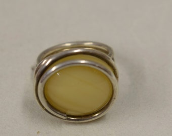 Ring Silver Tan Beige Colored Glass Ring