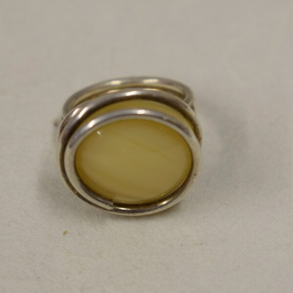 Ring Silver Tan Beige Colored Glass Ring