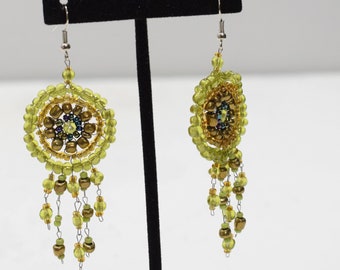 Earrings Green Gold Circle Beaded Earrings