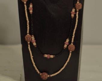 Necklace Long Double Strand Coconut Heishi Beads Prayer Nut Handmade Jewelry India Prayer Nut Beads  Wood Bead Necklace