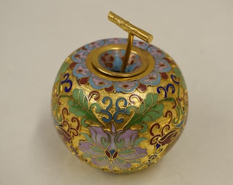 Apple Cloisonne' Gold Container China Handmade Decorative Apple Pink Green Cloisonne' Brass Enamel Flowers