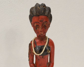 African Statue Old Red Baule Tribe Female Carved Wood Statue