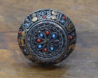 Middle Eastern Silver Turquoise Coral Round Ring