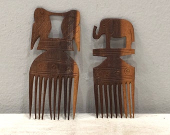 African Wood Hair Pick Carved Bird & Elephant Mahogany Hair Pick